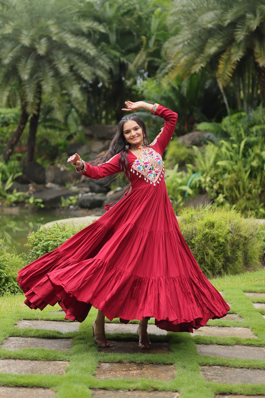 Kutchi Gamthi Work Maroon Partywear Gown