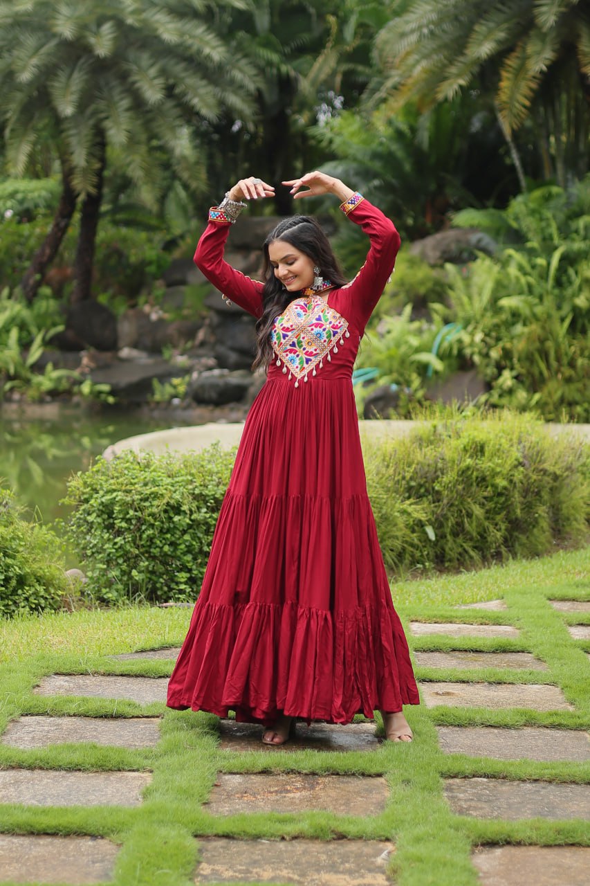 Kutchi Gamthi Work Maroon Partywear Gown