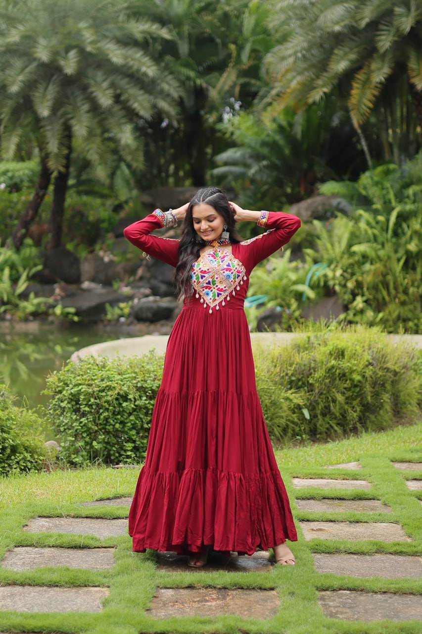 Kutchi Gamthi Work Maroon Partywear Gown