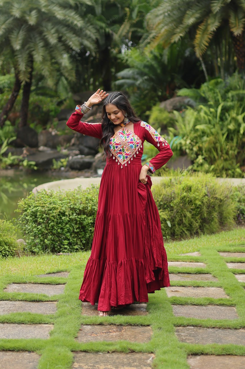 Kutchi Gamthi Work Maroon Partywear Gown