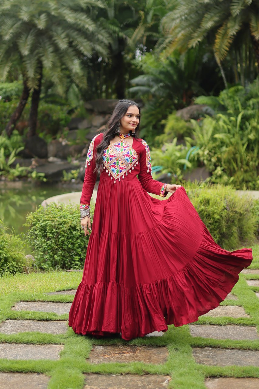 Kutchi Gamthi Work Maroon Partywear Gown