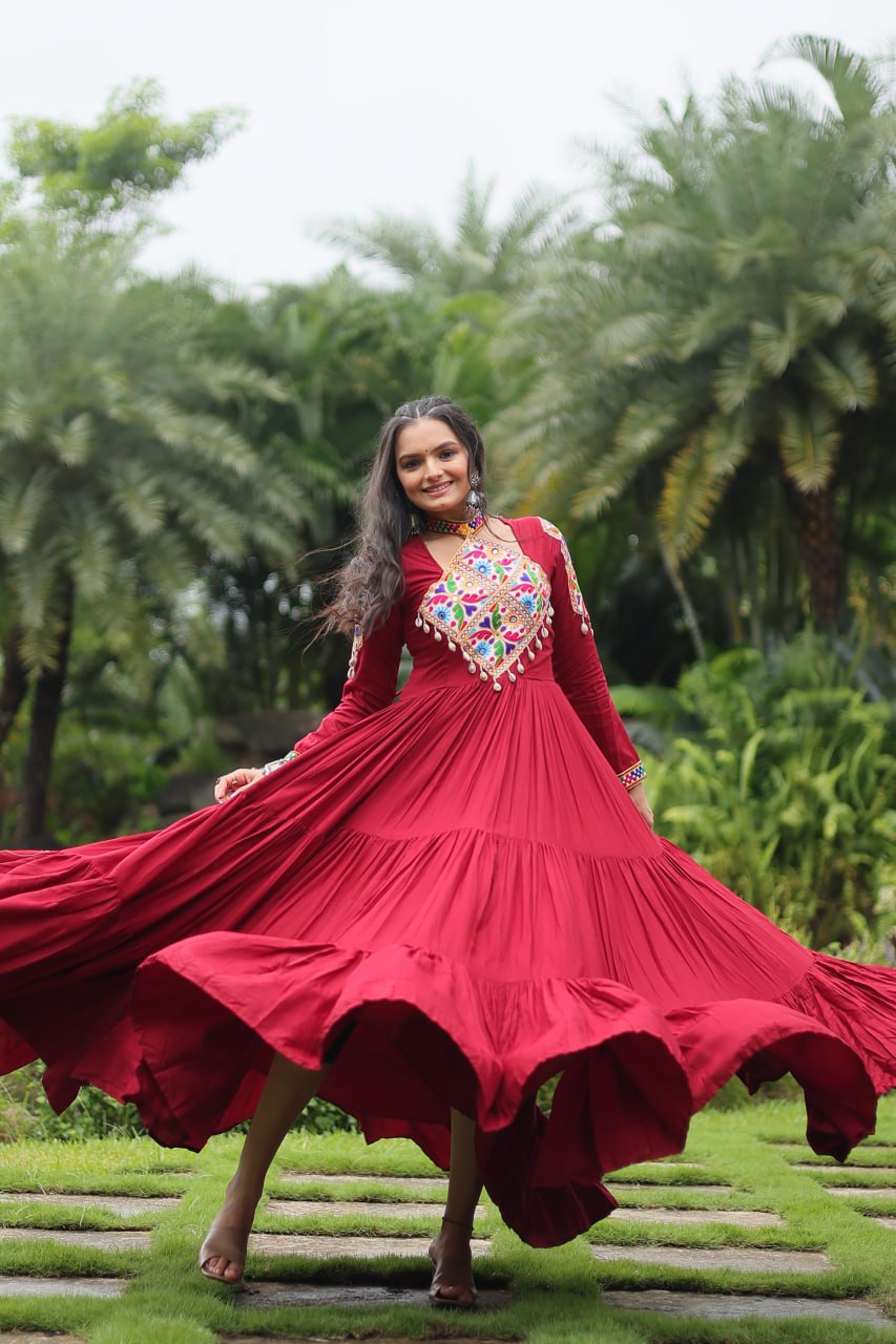 Kutchi Gamthi Work Maroon Partywear Gown