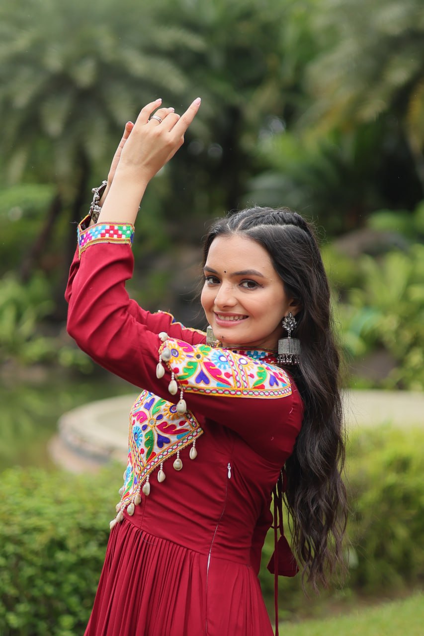 Kutchi Gamthi Work Maroon Partywear Gown