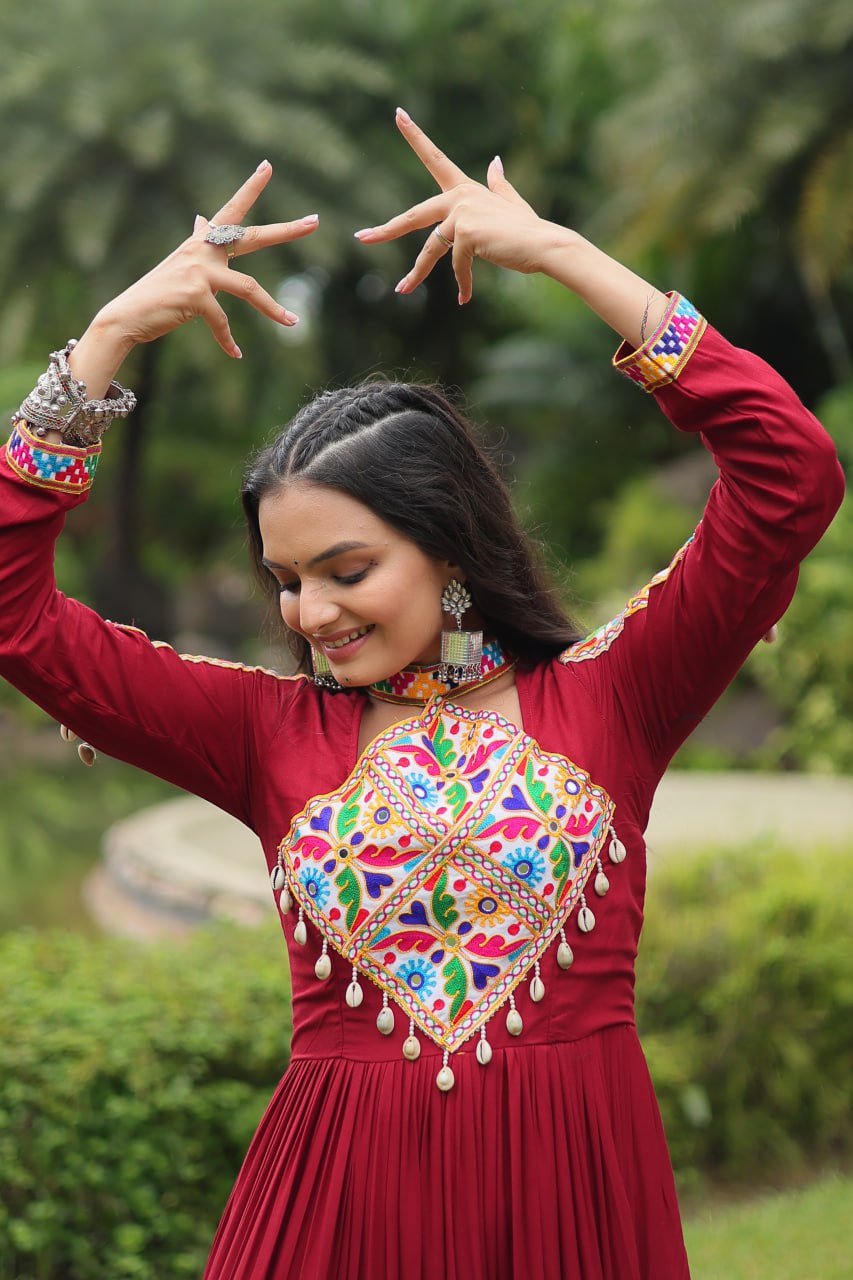 Kutchi Gamthi Work Maroon Partywear Gown