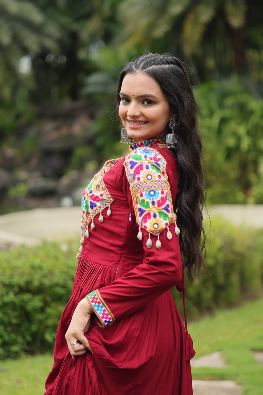 Kutchi Gamthi Work Maroon Partywear Gown