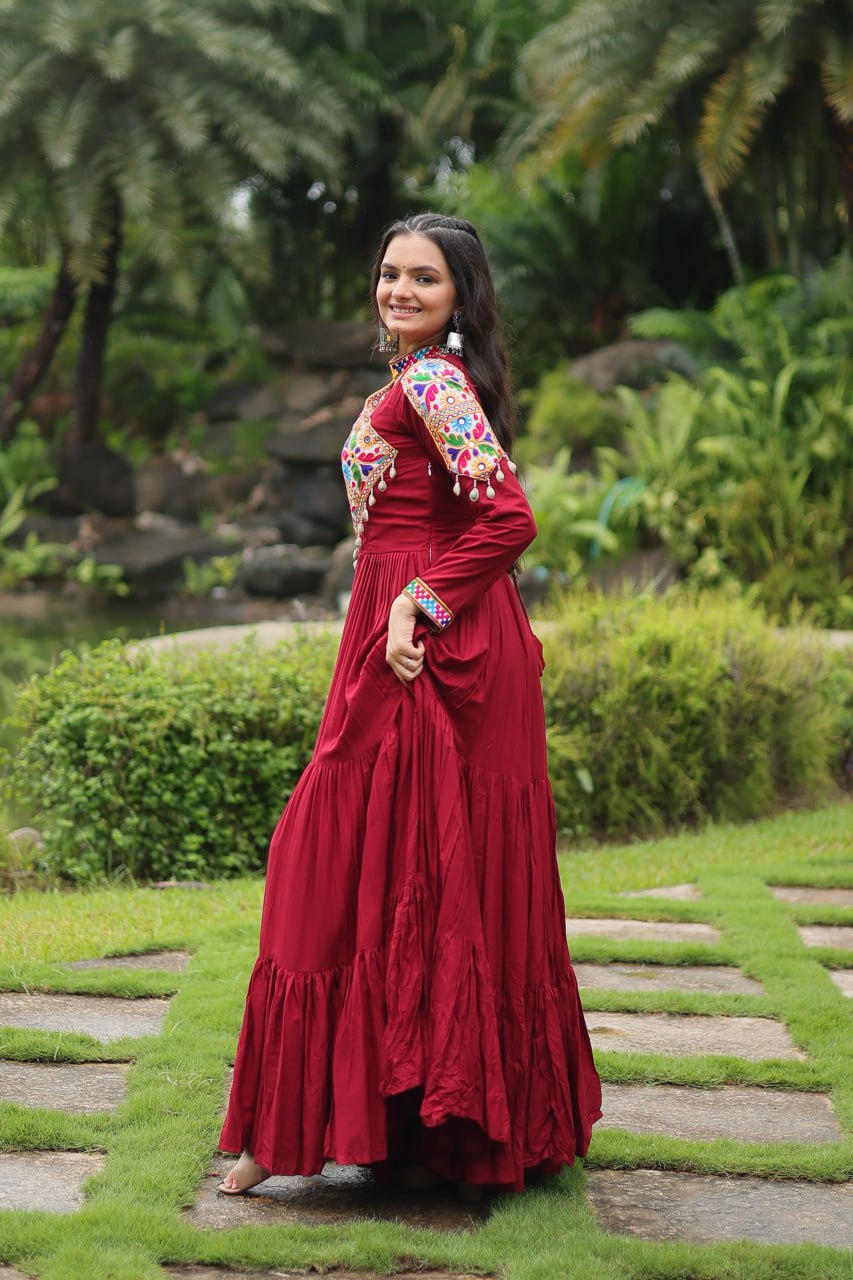 Kutchi Gamthi Work Maroon Partywear Gown