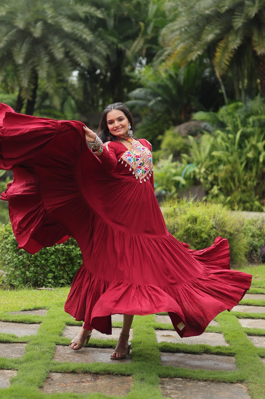 Kutchi Gamthi Work Maroon Partywear Gown