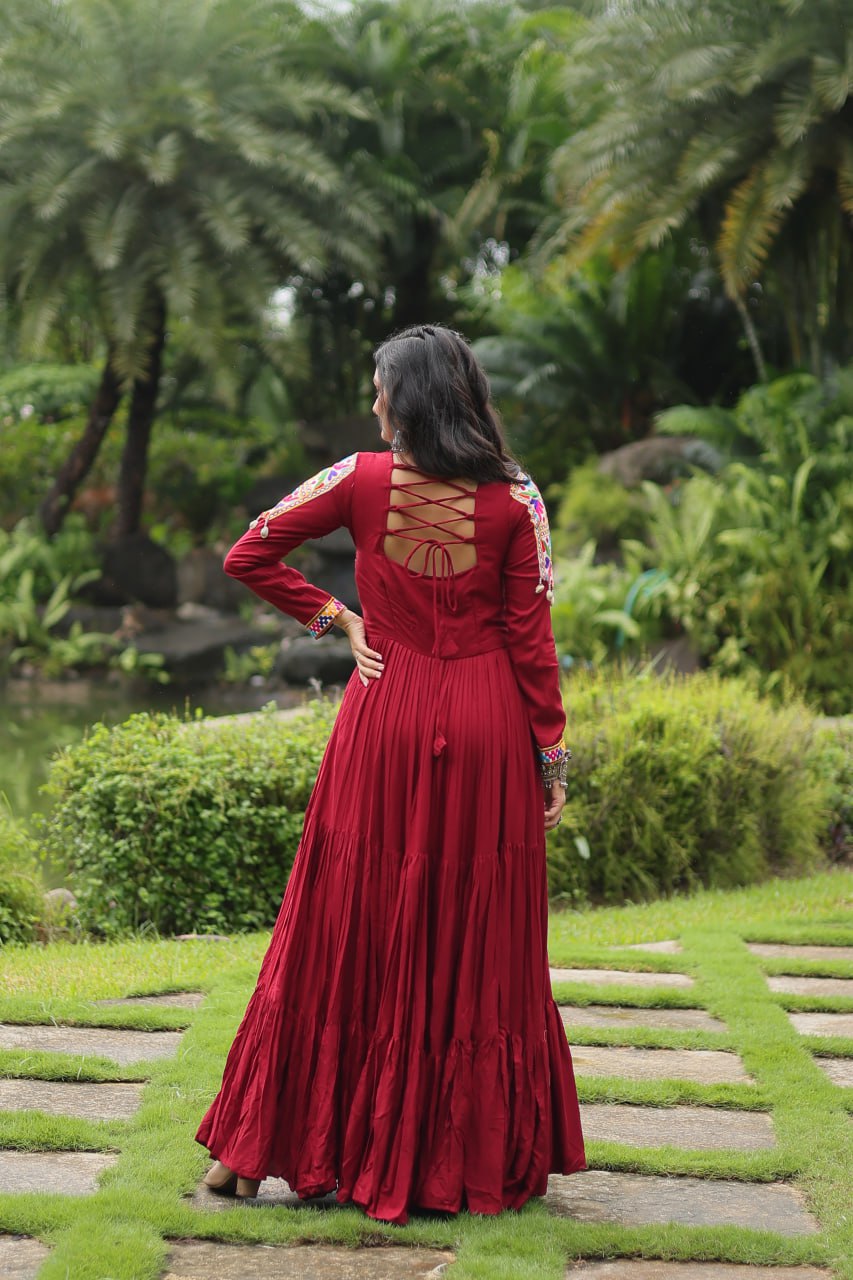 Kutchi Gamthi Work Maroon Partywear Gown