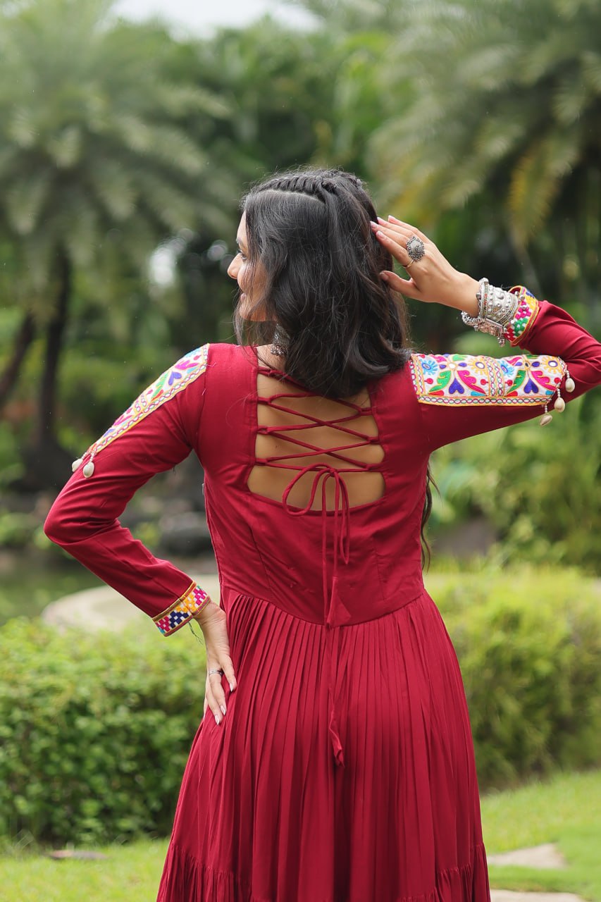 Kutchi Gamthi Work Maroon Partywear Gown