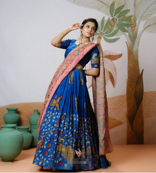 Kalamkari Printed Chent Crepe Silk Lehenga Choli Set