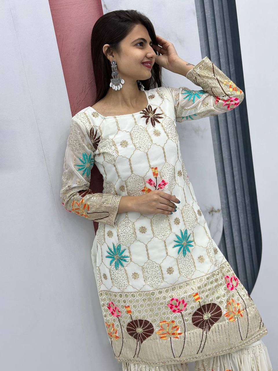 Embroidered  Sequence Work Heavy Fox Georgette Suit & Sharara Set