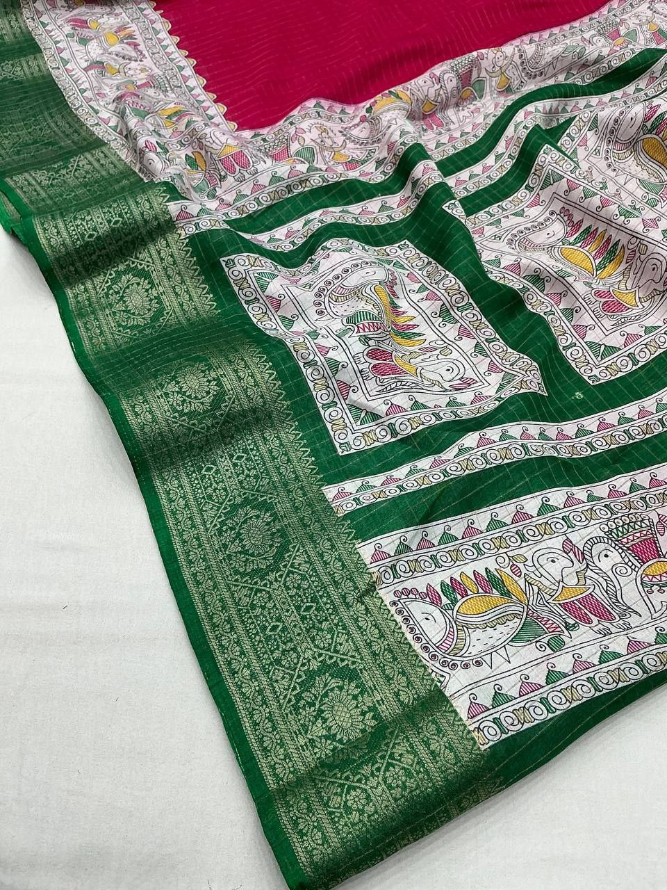 New Fancy Madhubani Checkered Printed Soft Cotton Saree with Kalamkari Blouse