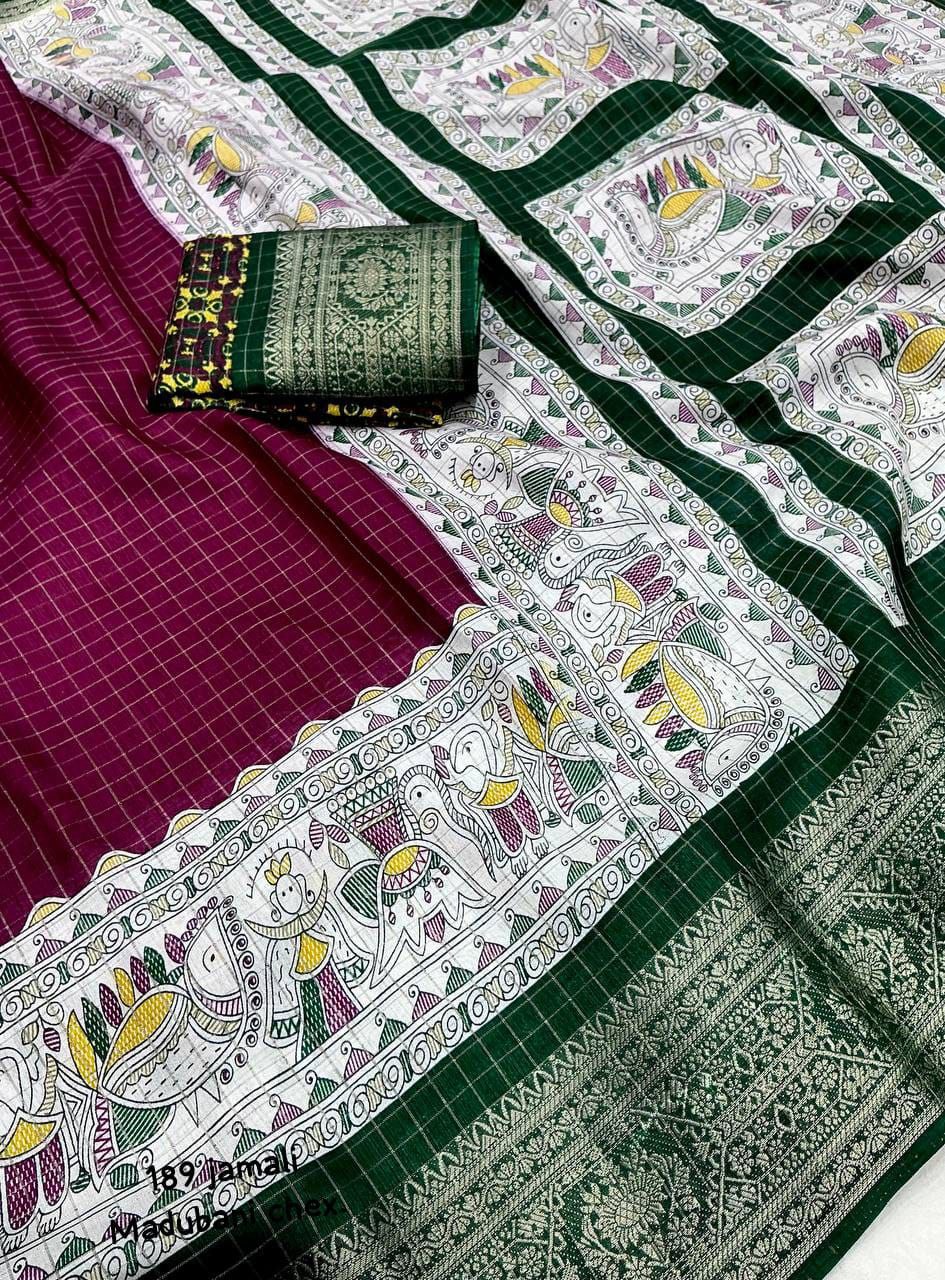 New Fancy Madhubani Checkered Printed Soft Cotton Saree with Kalamkari Blouse