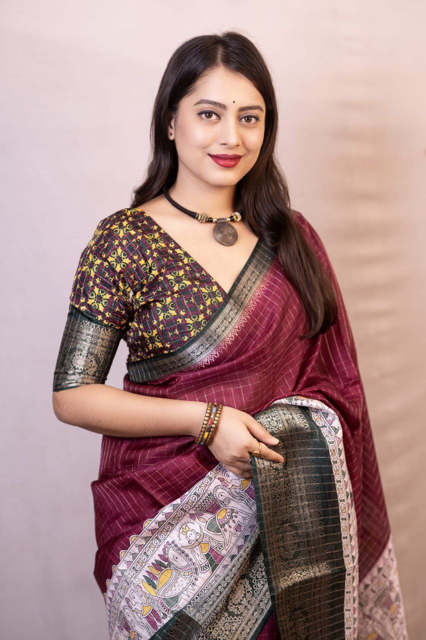 New Fancy Madhubani Checkered Printed Soft Cotton Saree with Kalamkari Blouse