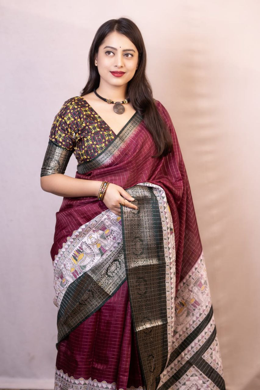 New Fancy Madhubani Checkered Printed Soft Cotton Saree with Kalamkari Blouse