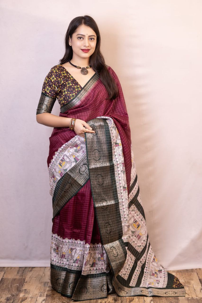 New Fancy Madhubani Checkered Printed Soft Cotton Saree with Kalamkari Blouse