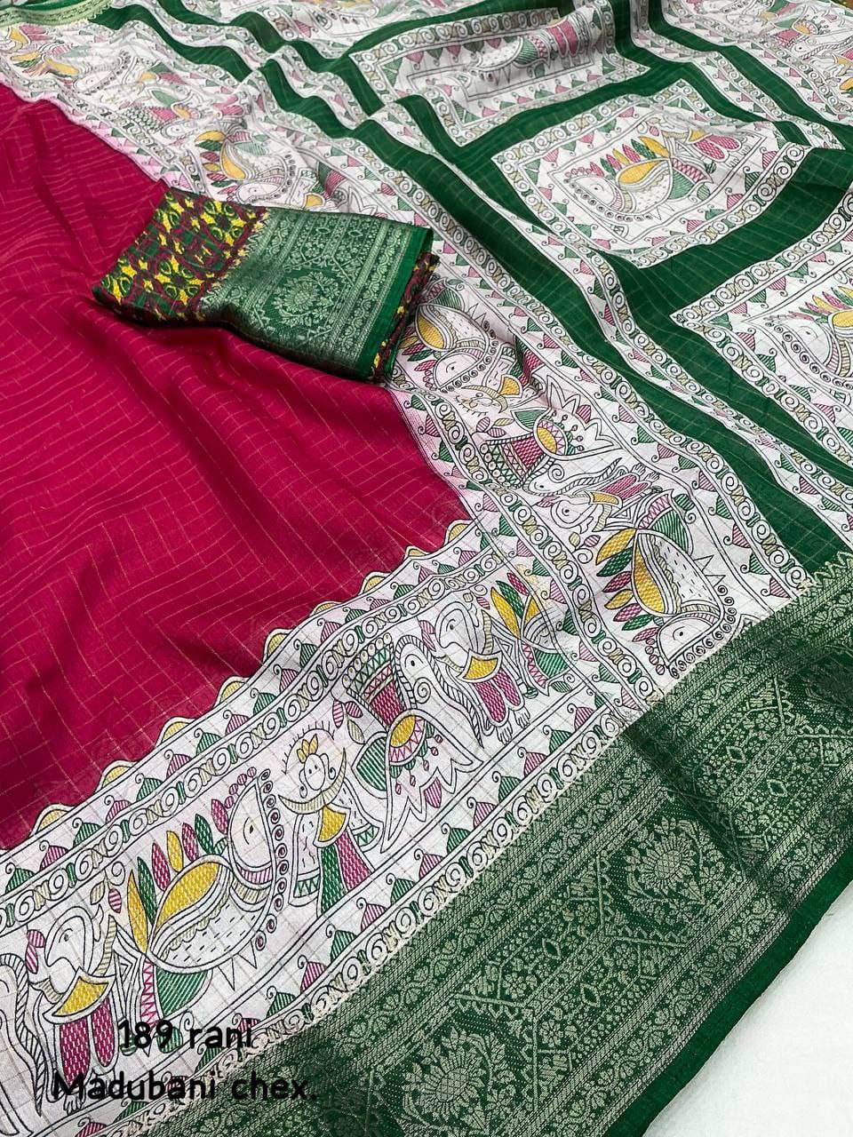 New Fancy Madhubani Checkered Printed Soft Cotton Saree with Kalamkari Blouse