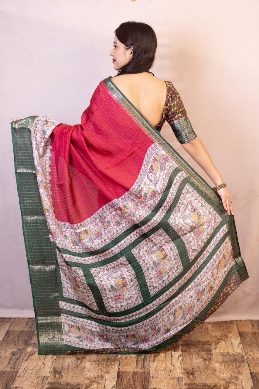 New Fancy Madhubani Checkered Printed Soft Cotton Saree with Kalamkari Blouse