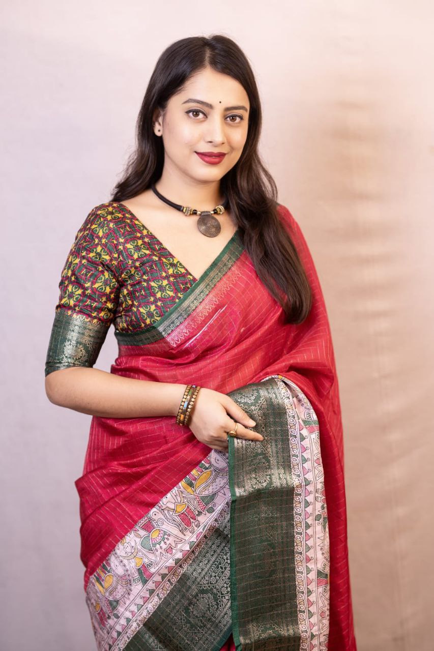 New Fancy Madhubani Checkered Printed Soft Cotton Saree with Kalamkari Blouse