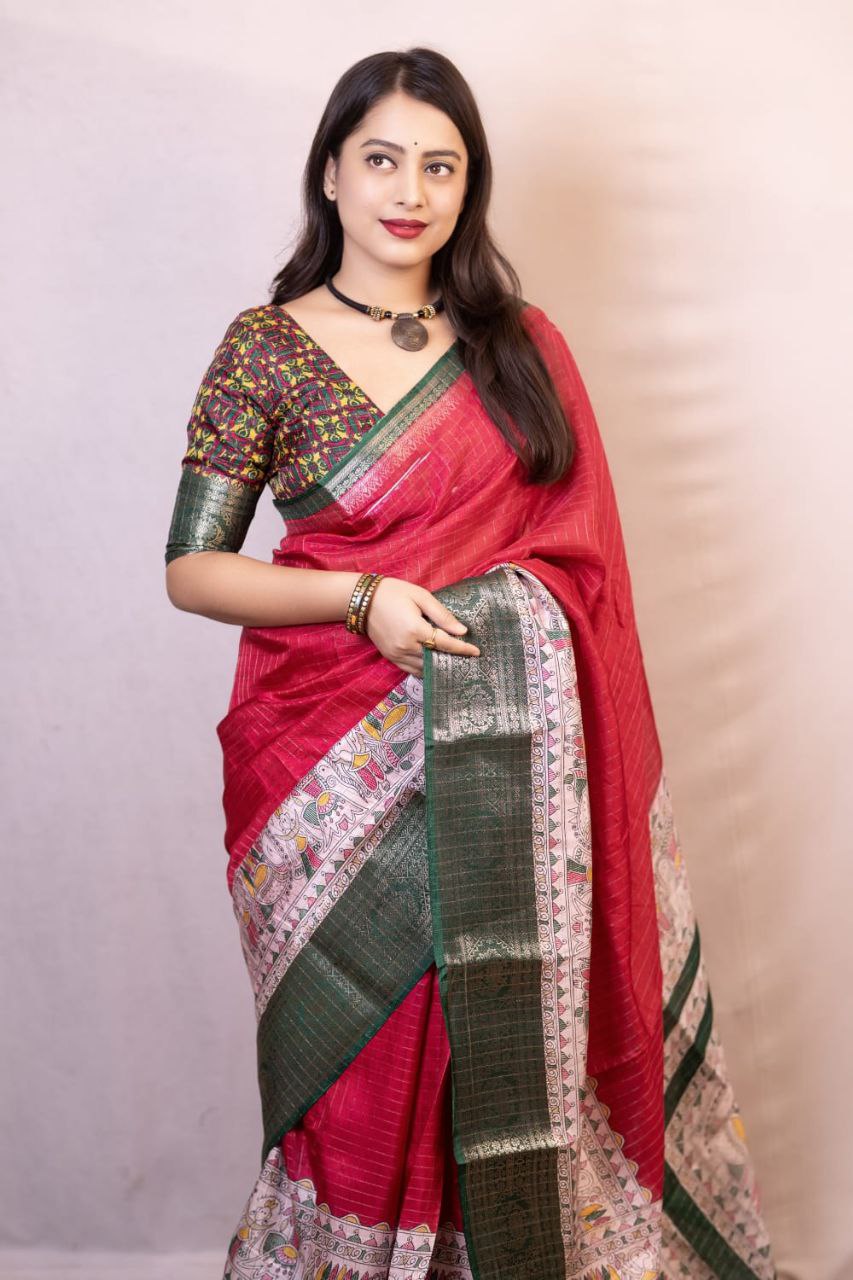 New Fancy Madhubani Checkered Printed Soft Cotton Saree with Kalamkari Blouse