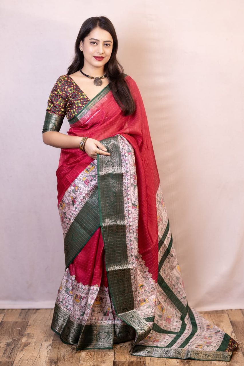 New Fancy Madhubani Checkered Printed Soft Cotton Saree with Kalamkari Blouse