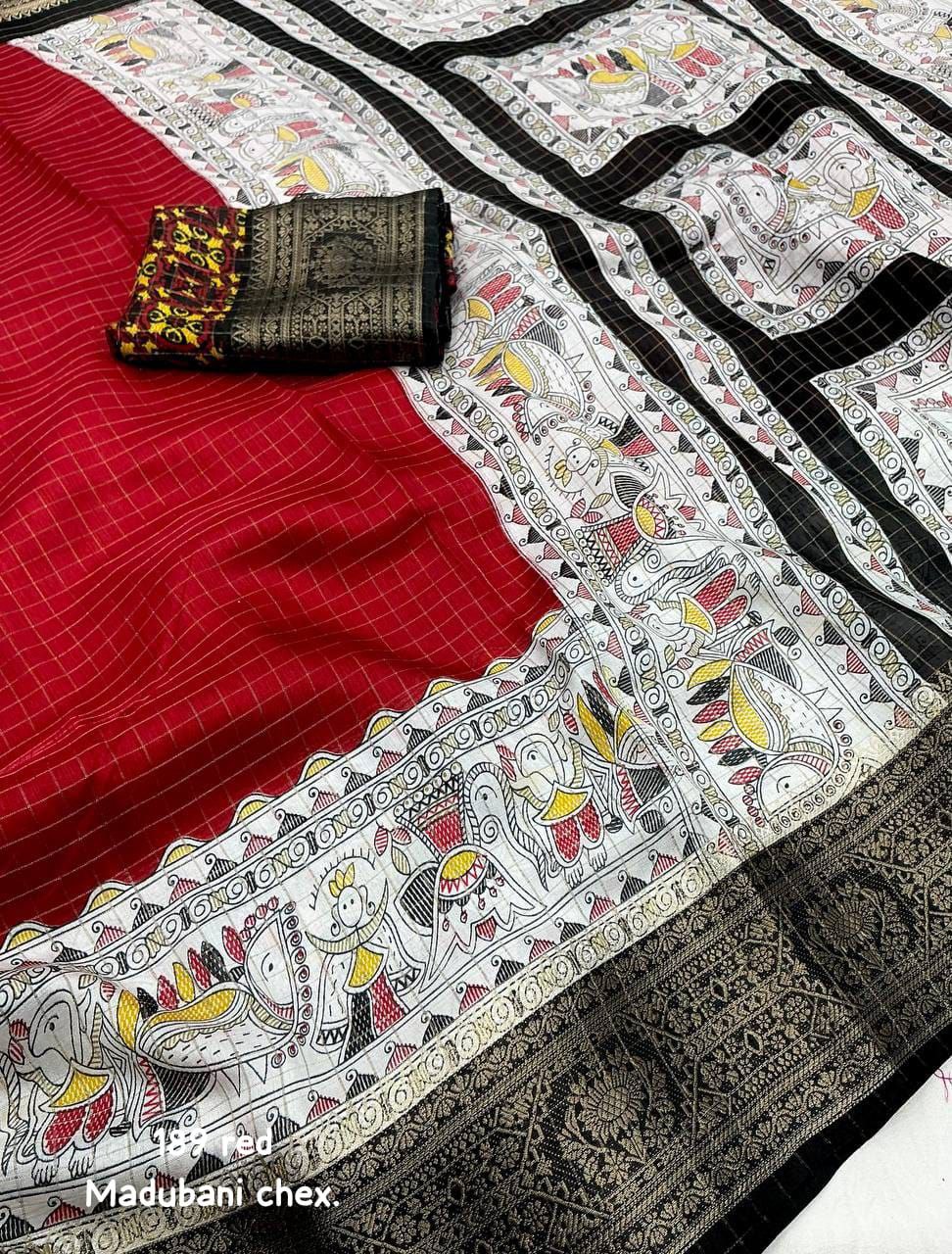 New Fancy Madhubani Checkered Printed Soft Cotton Saree with Kalamkari Blouse