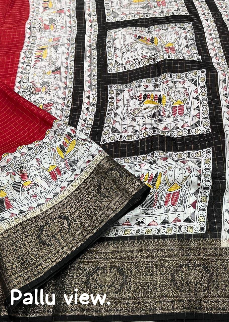 New Fancy Madhubani Checkered Printed Soft Cotton Saree with Kalamkari Blouse