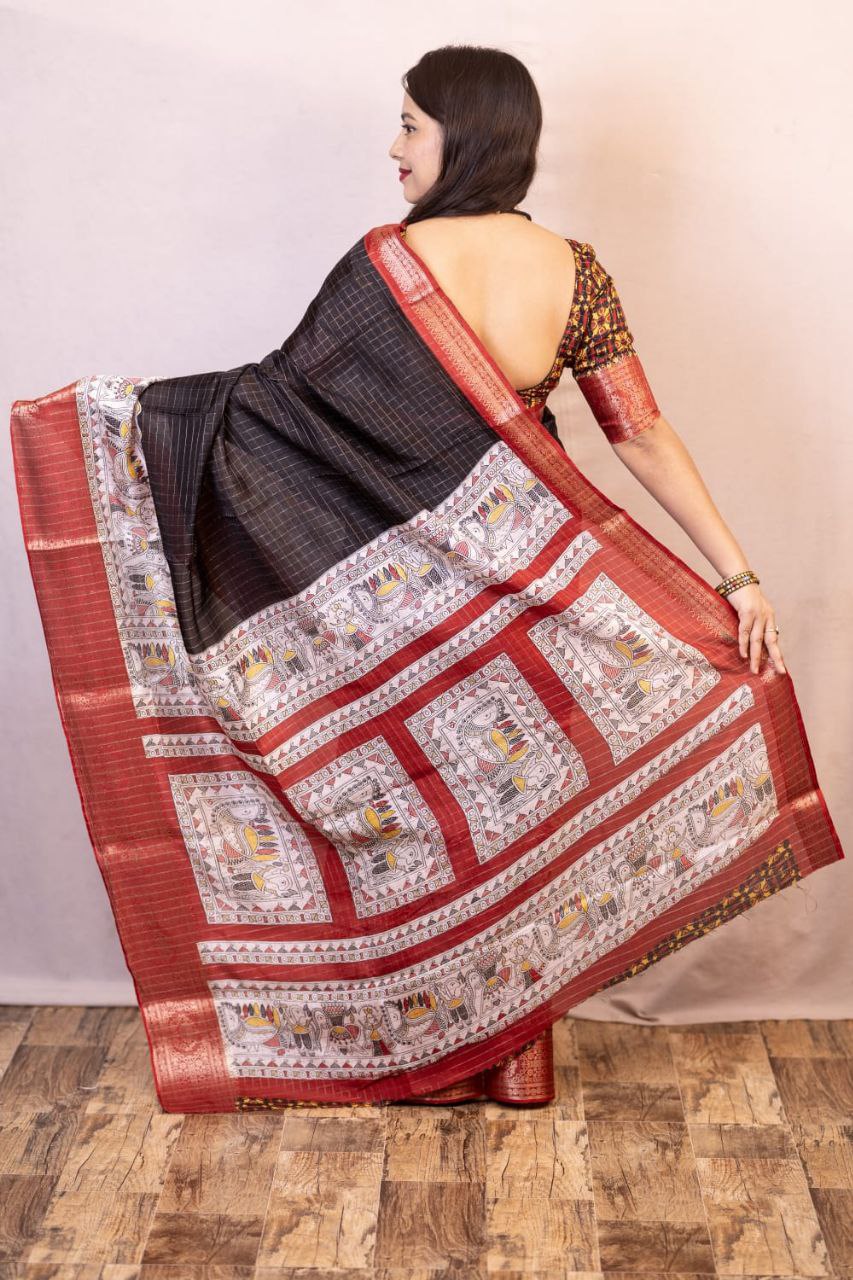 New Fancy Madhubani Checkered Printed Soft Cotton Saree with Kalamkari Blouse