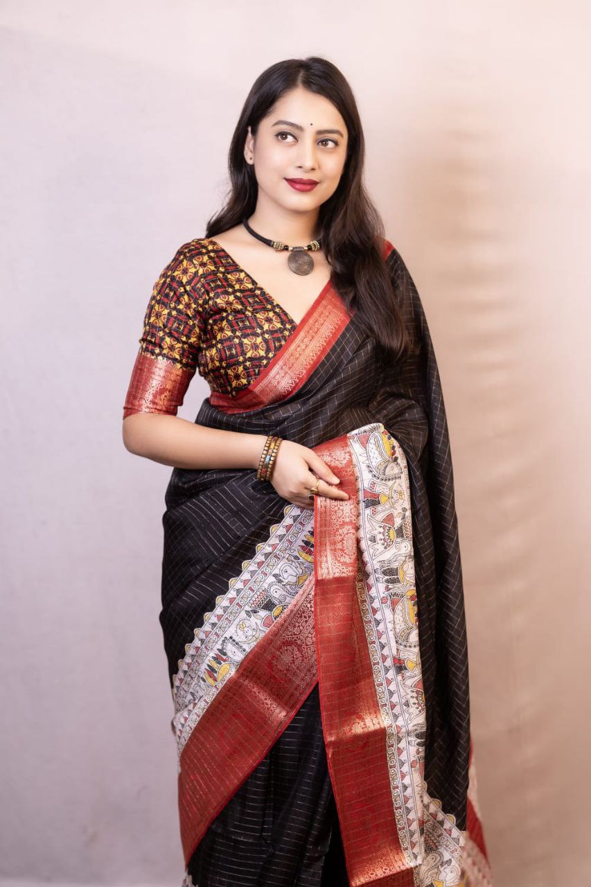 New Fancy Madhubani Checkered Printed Soft Cotton Saree with Kalamkari Blouse