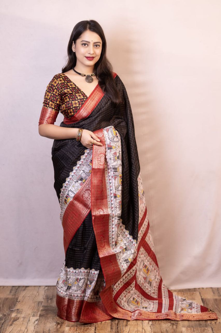 New Fancy Madhubani Checkered Printed Soft Cotton Saree with Kalamkari Blouse