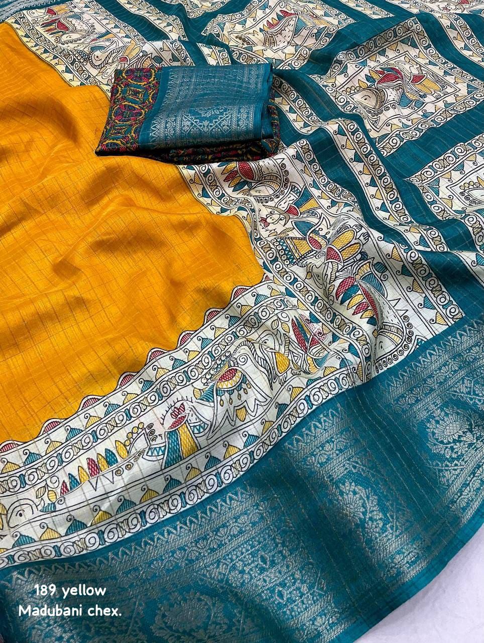 New Fancy Madhubani Checkered Printed Soft Cotton Saree with Kalamkari Blouse