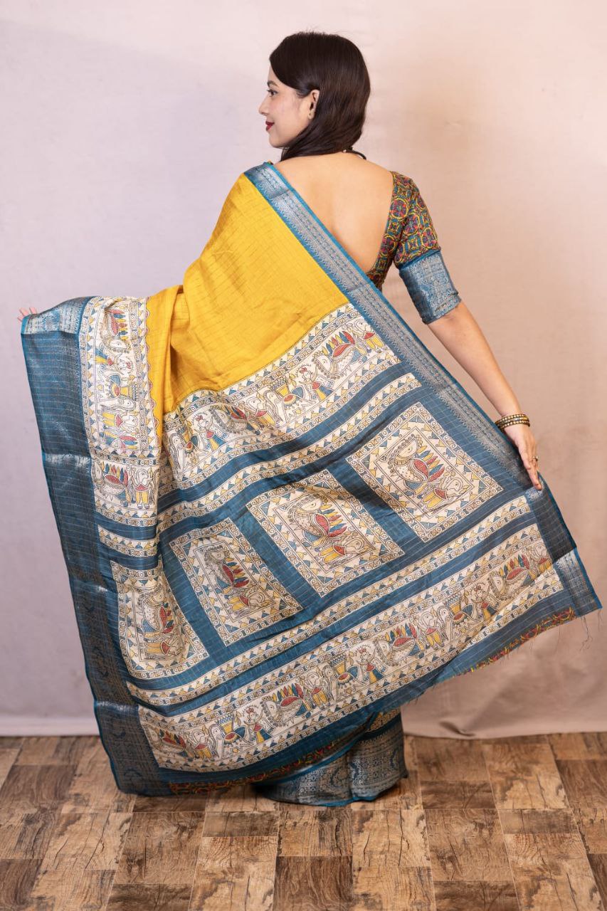 New Fancy Madhubani Checkered Printed Soft Cotton Saree with Kalamkari Blouse