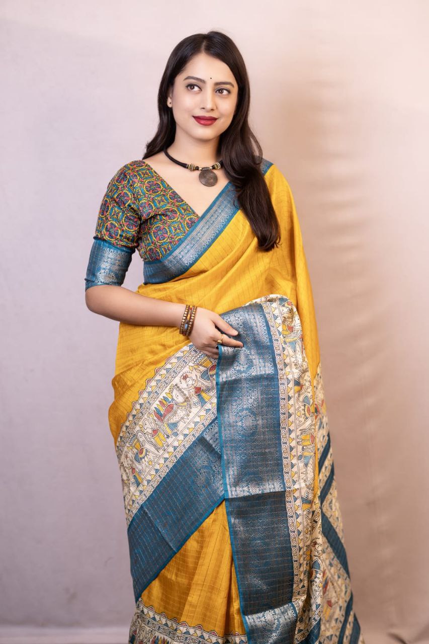 New Fancy Madhubani Checkered Printed Soft Cotton Saree with Kalamkari Blouse