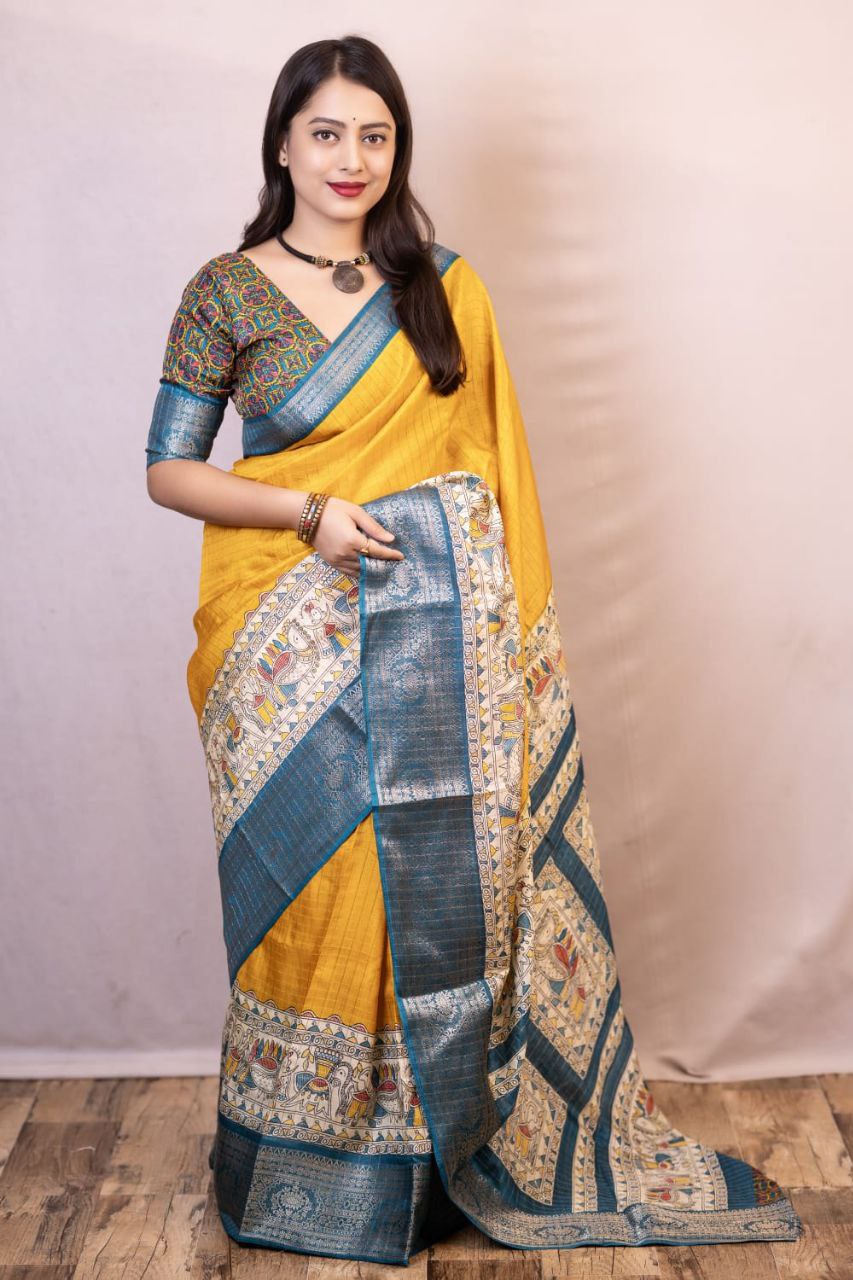 New Fancy Madhubani Checkered Printed Soft Cotton Saree with Kalamkari Blouse