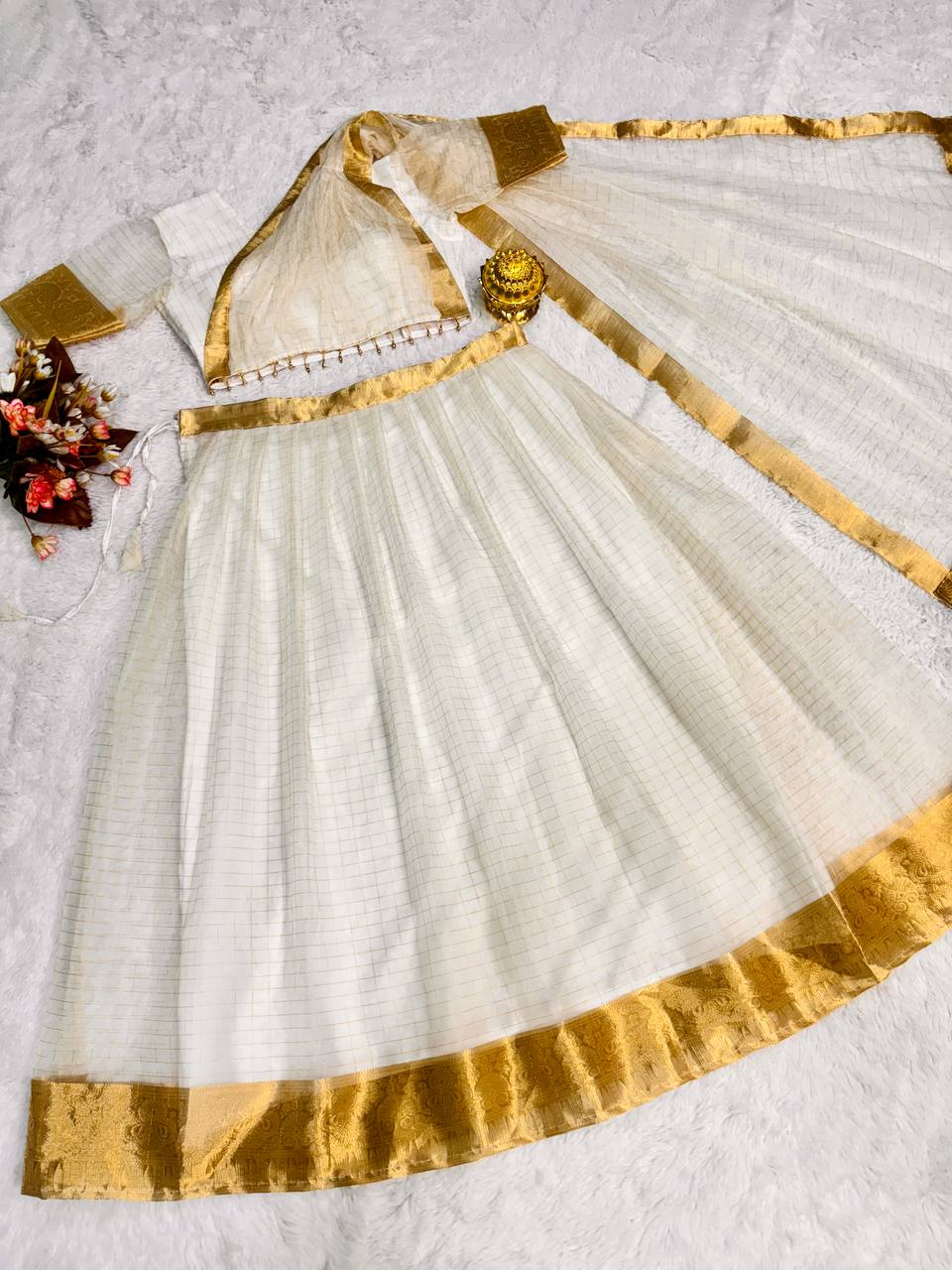 Onam Special Organza Chex Lehenga Choli with Golden Jacquard Work