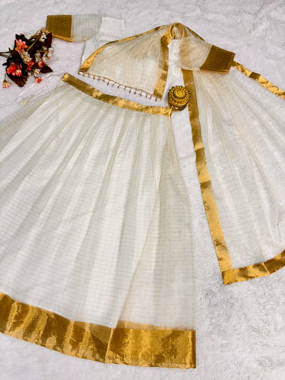 Onam Special Organza Chex Lehenga Choli with Golden Jacquard Work