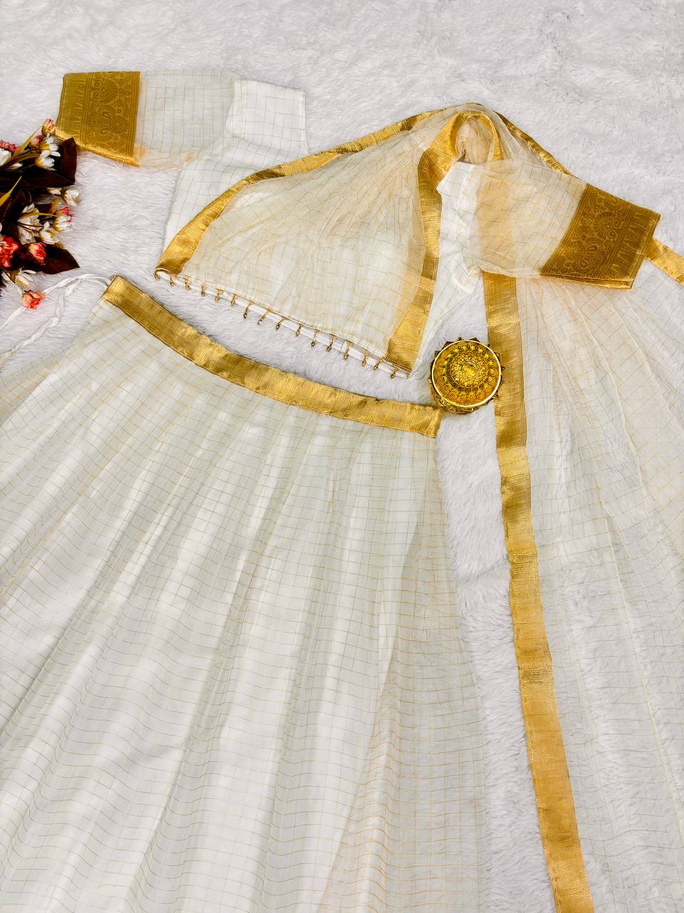 Onam Special Organza Chex Lehenga Choli with Golden Jacquard Work