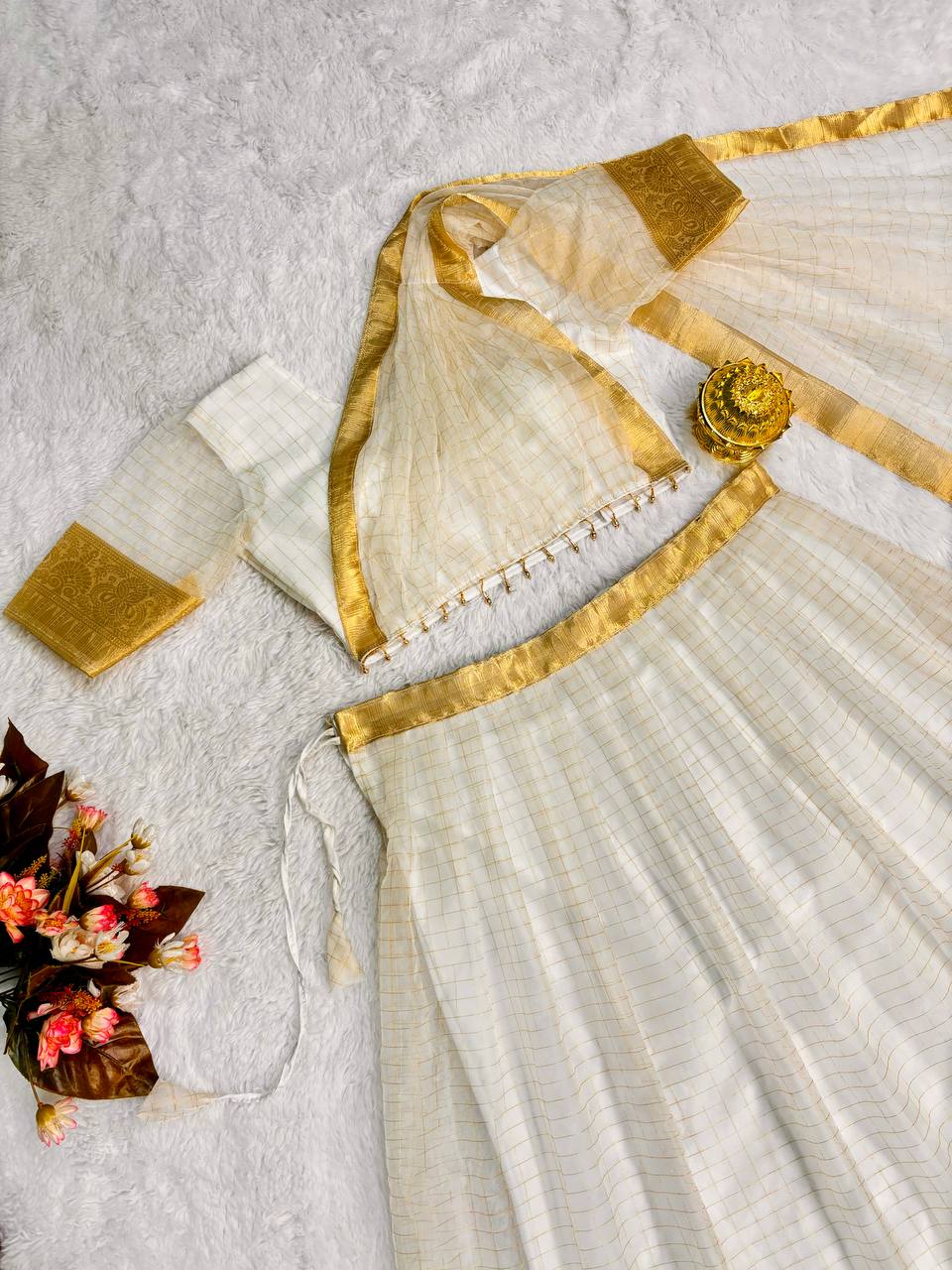 Onam Special Organza Chex Lehenga Choli with Golden Jacquard Work