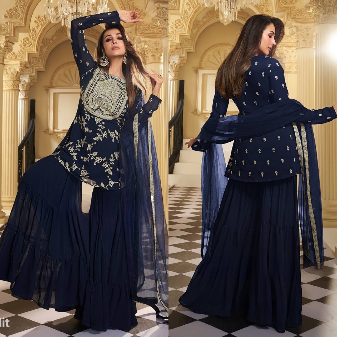 Malika Arora Inspired Designer Party Wear Kurta, Sharara Palazzo & Dupatta Set