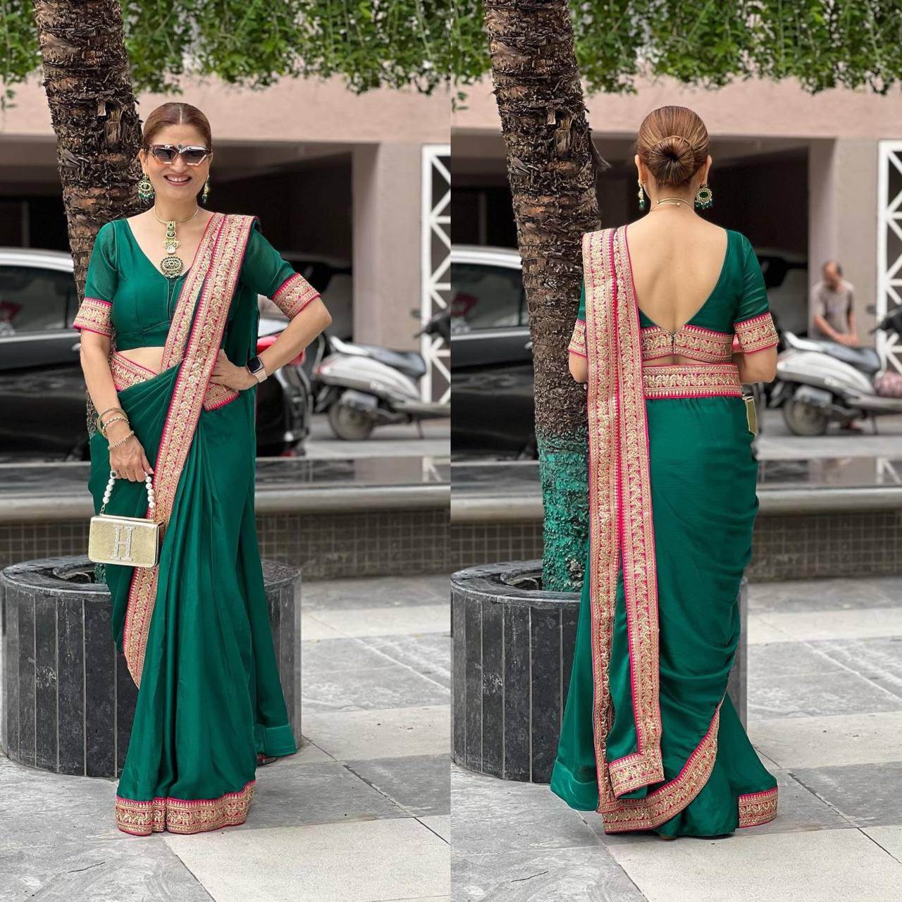 Beautiful Ready to  Wear Lace Border Blooming Rangoli Fabric Pocket Saree with Fancy Stitched Blouse