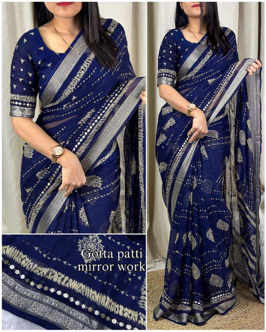 Women's Beautiful Gotta Patti Mirror Work Viscose Jacquard Border Georgette Printed Saree With Blouse