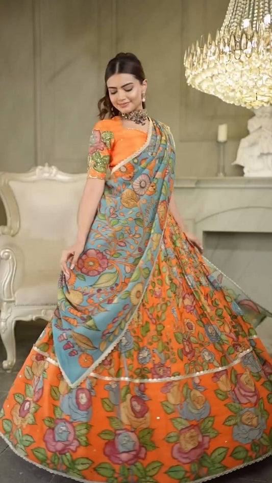 Women's Beautiful Orange Colour Readymade Kalamkari Print Lehenga Choli Set