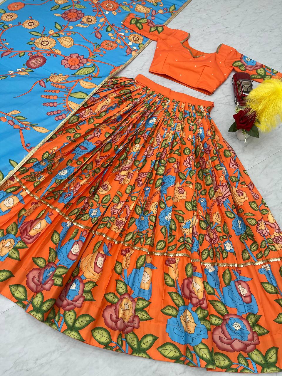 Women's Beautiful Orange Colour Readymade Kalamkari Print Lehenga Choli Set