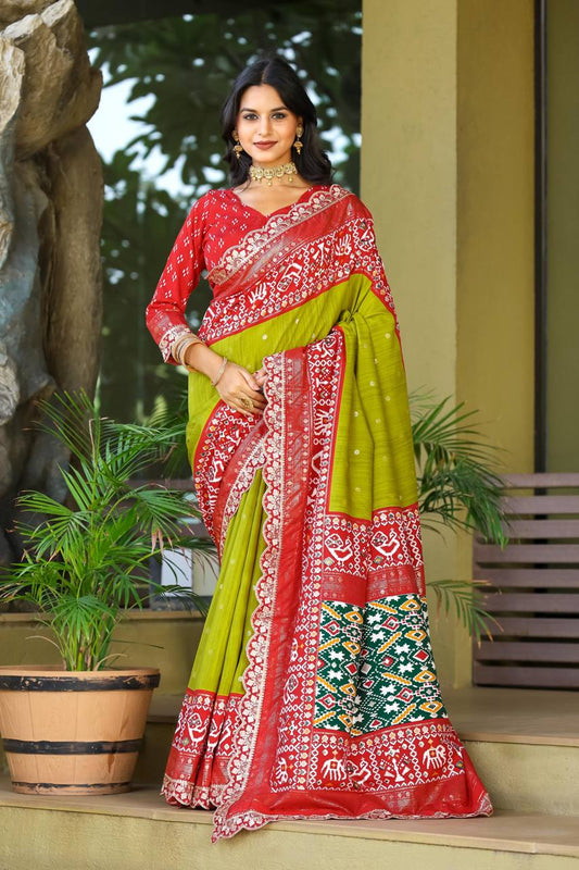 Beautiful Foil Butties and Heavy Sequins Lace Border Pure Patola Silk Saree with Blouse