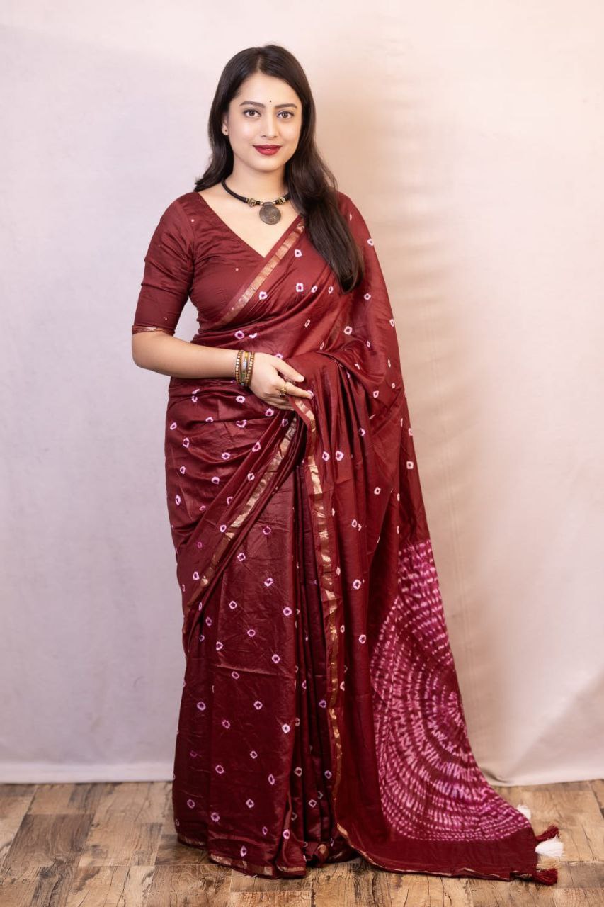 Pure Chanderi Hand Tie & Dye Zari Pattu Border Bandhani Saree with Blouse