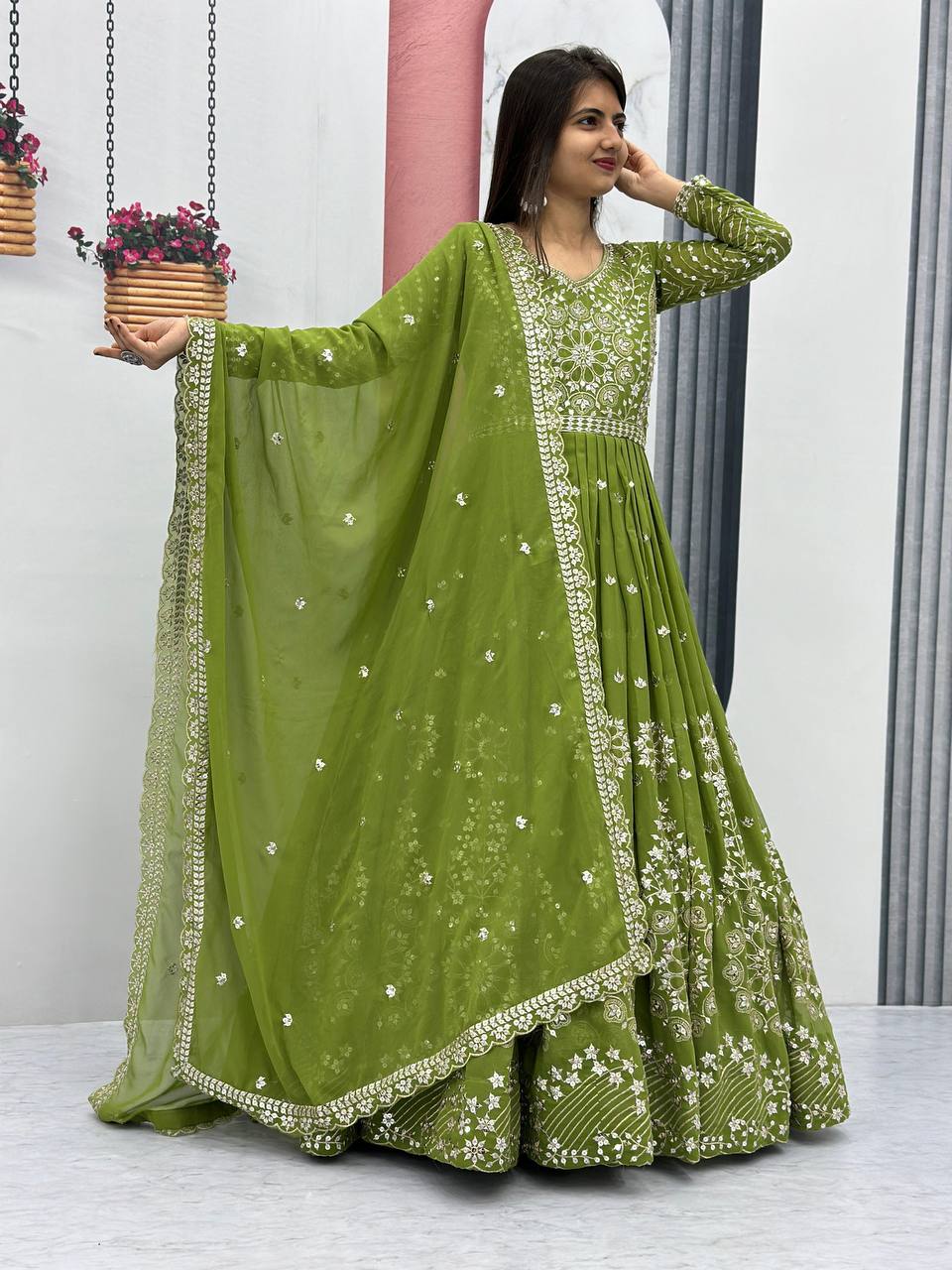 Heavy Sequins and Embroidered Work Ready to Wear Gown with Dupatta