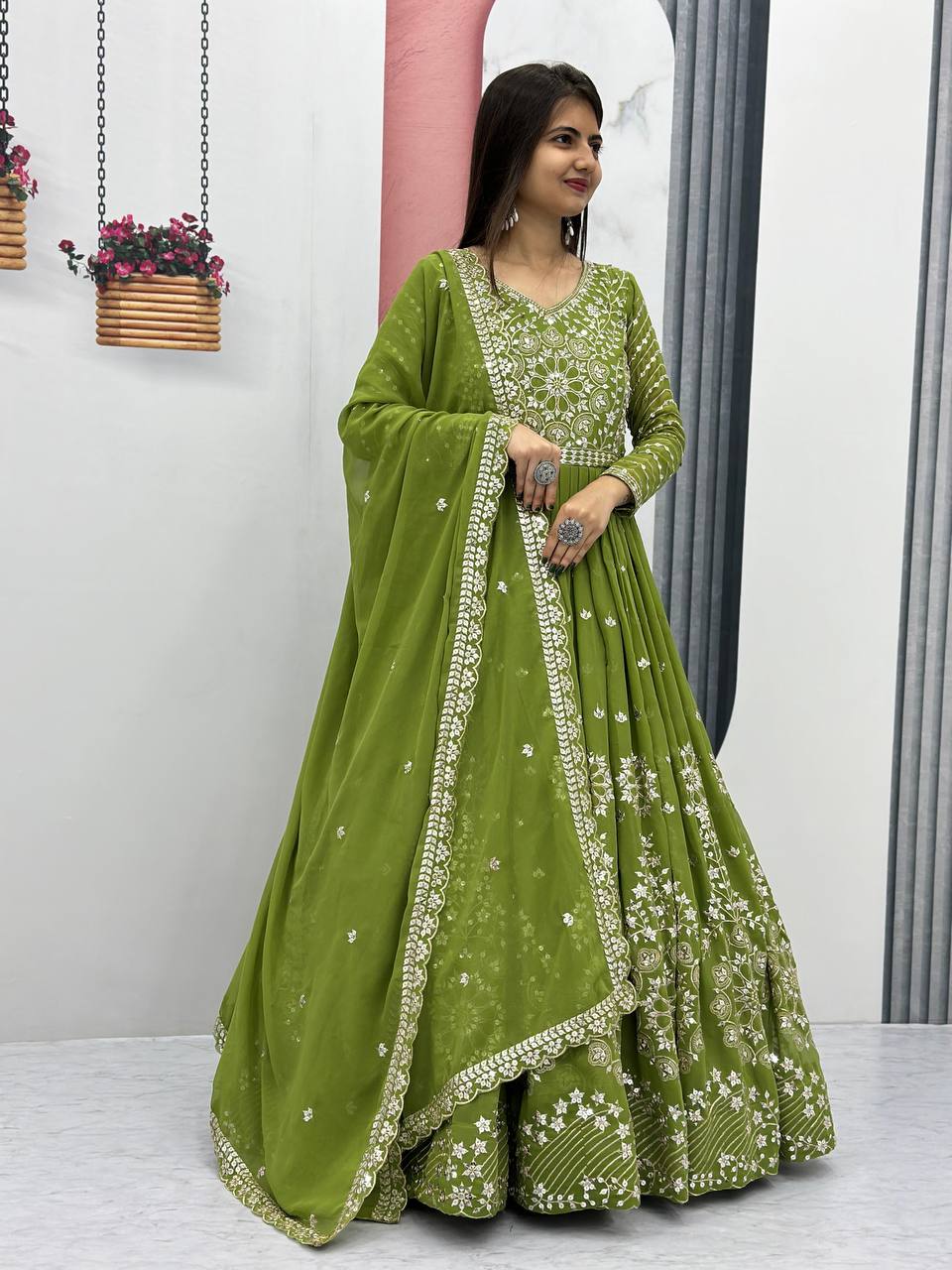 Heavy Sequins and Embroidered Work Ready to Wear Gown with Dupatta