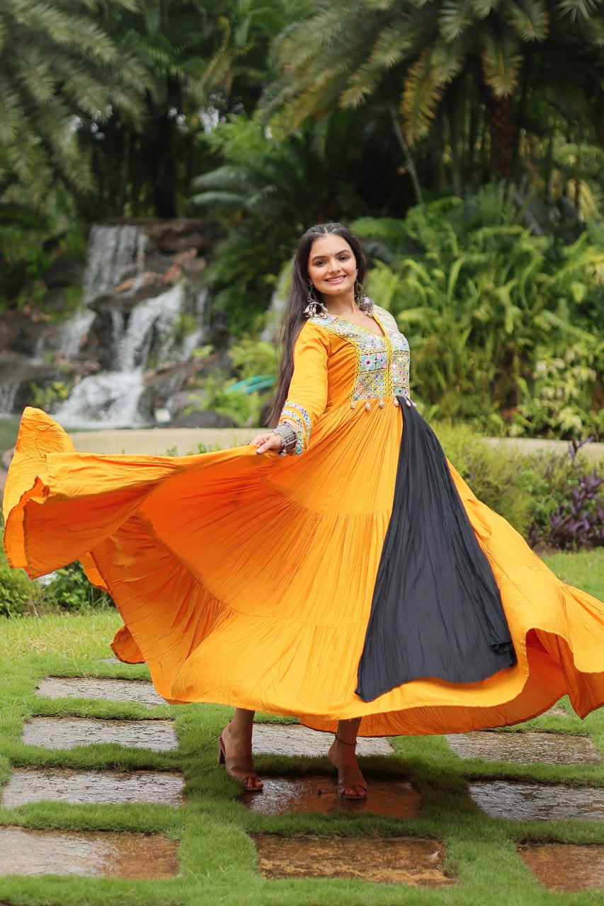 Mustard Colored Kutchi Gamthi Work Partywear Gown