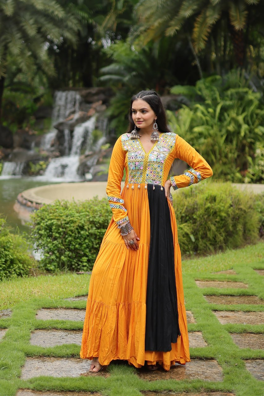 Mustard Colored Kutchi Gamthi Work Partywear Gown