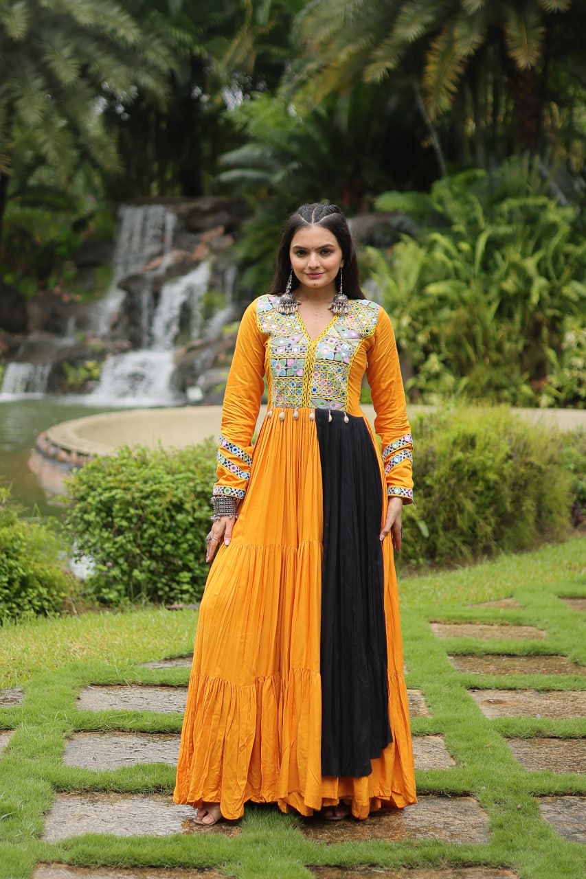 Mustard Colored Kutchi Gamthi Work Partywear Gown